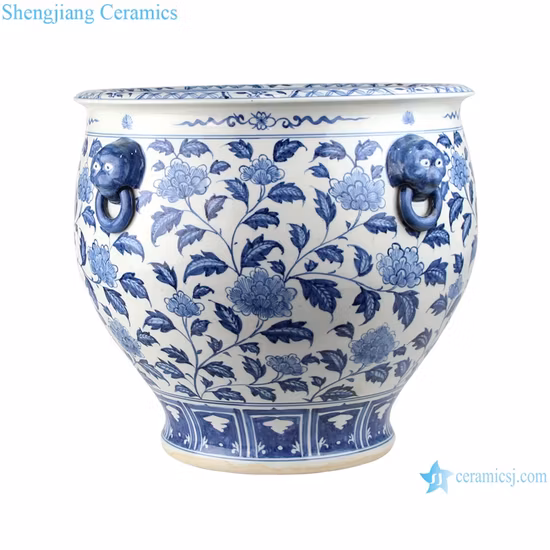 China Jingdezhen azul y blanco pecera maceta de porcelana con cabeza de león hogar jardín maceta de cerámica estanque de peces