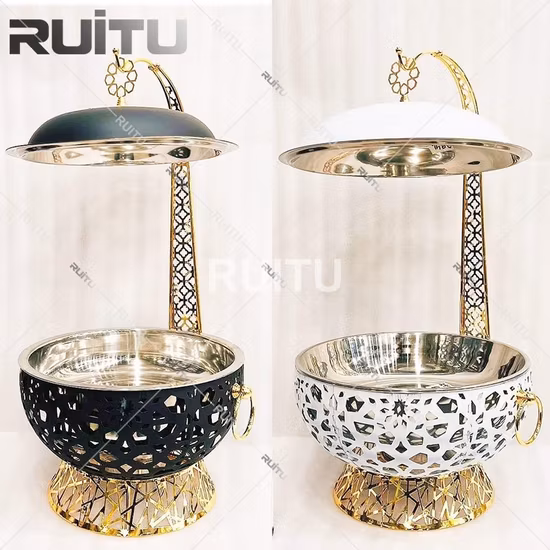 Gran capacidad, flor de oro redonda, diamante decorativo, cristal colgante, tipo de alcohol, plato de frotamiento, juego de buffet con gancho, cubierta de vidrio, comida dorada, estufa de buffet caliente